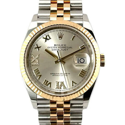 Rolex Datejust 36 Edelstahl Gelbgold Ref. 126233 mit silberfarbenem Zifferblatt und Diamanten, Jubilé-Armband aus Edelstahl/Gelbgold