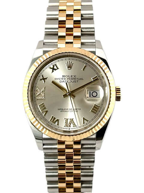 Rolex Datejust 36 Edelstahl Gelbgold Ref. 126233 mit silberfarbenem Zifferblatt und Diamanten, Jubilé-Armband aus Edelstahl/Gelbgold