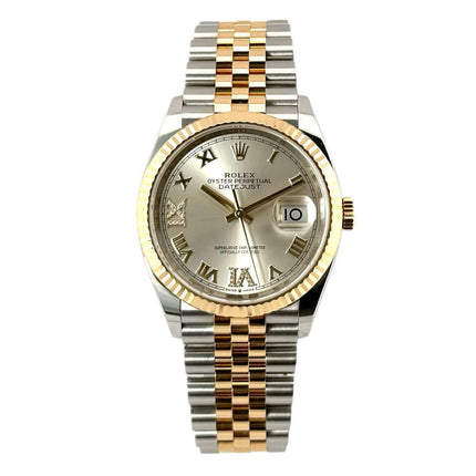 Rolex Datejust 36 Edelstahl Oystersteel Gelbgold 126233, Jubilé Armband, silbernes Zifferblatt, Diamant-Indizes, geriffelte Lünette, Automatikwerk.