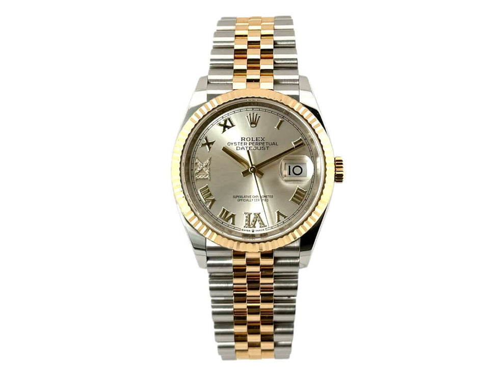 Rolex Datejust 36 Edelstahl Oystersteel Gelbgold 126233, Jubilé Armband, silbernes Zifferblatt, Diamant-Indizes, geriffelte Lünette, Automatikwerk.