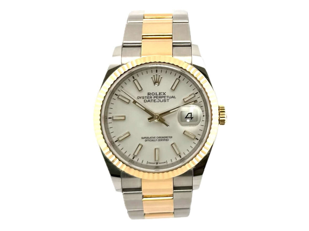 Rolex Datejust 36 Oystersteel Gelbgold 126233 Weißes Zifferblatt, Edelstahl-Gold-Gehäuse und Armband, Automatikwerk.