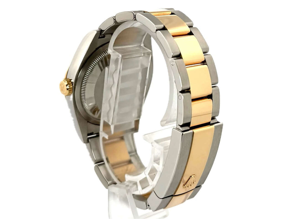 Armbanduhr Rückansicht mit zweifarbigen Edelstahl und Gelbgold Rolex Datejust 36 Oyster-Band und Faltschließe.