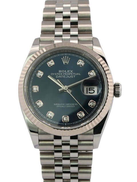 Rolex Datejust 36 mm 126234, Blaues Zifferblatt mit Diamanten, Weißgold-Lünette, Jubilé-Band, Automatik, aus 2020, Edelstahl Oystersteel.