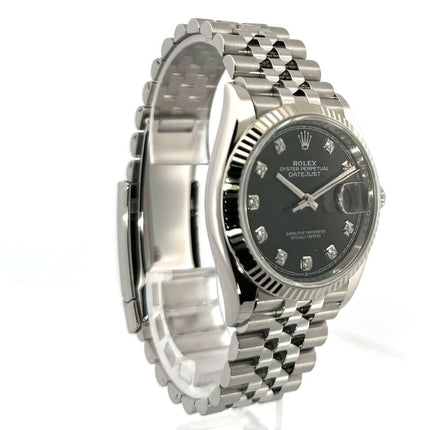 Rolex Datejust 36 126234 aus Edelstahl Oystersteel und 18-Karat Weißgold mit schwarzem Zifferblatt und Diamanten.