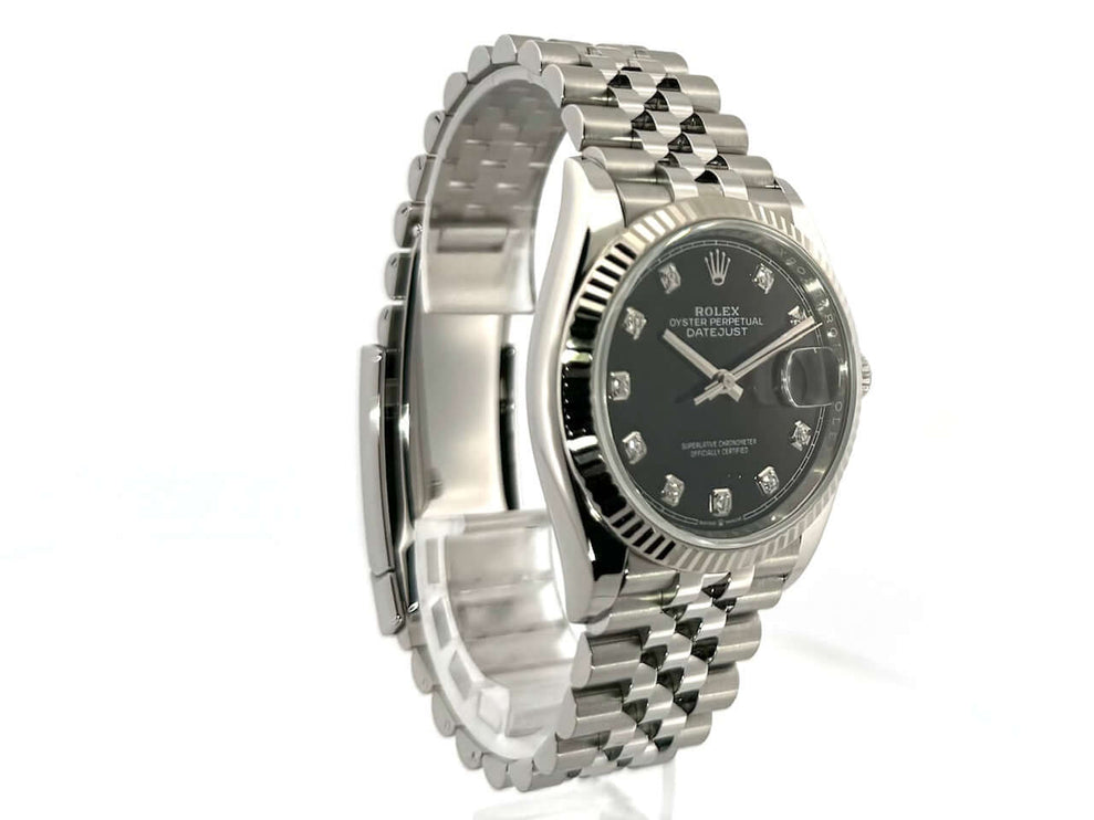 Rolex Datejust 36 126234 aus Edelstahl Oystersteel und 18-Karat Weißgold mit schwarzem Zifferblatt und Diamanten.