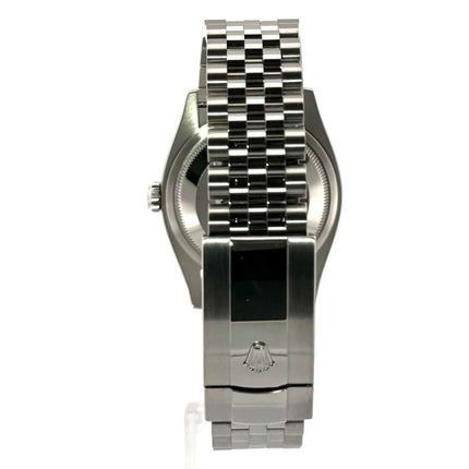 Rolex Datejust 36 Rückansicht mit Jubilé-Armband und geprägtem Rolex-Logo auf der Faltschließe.