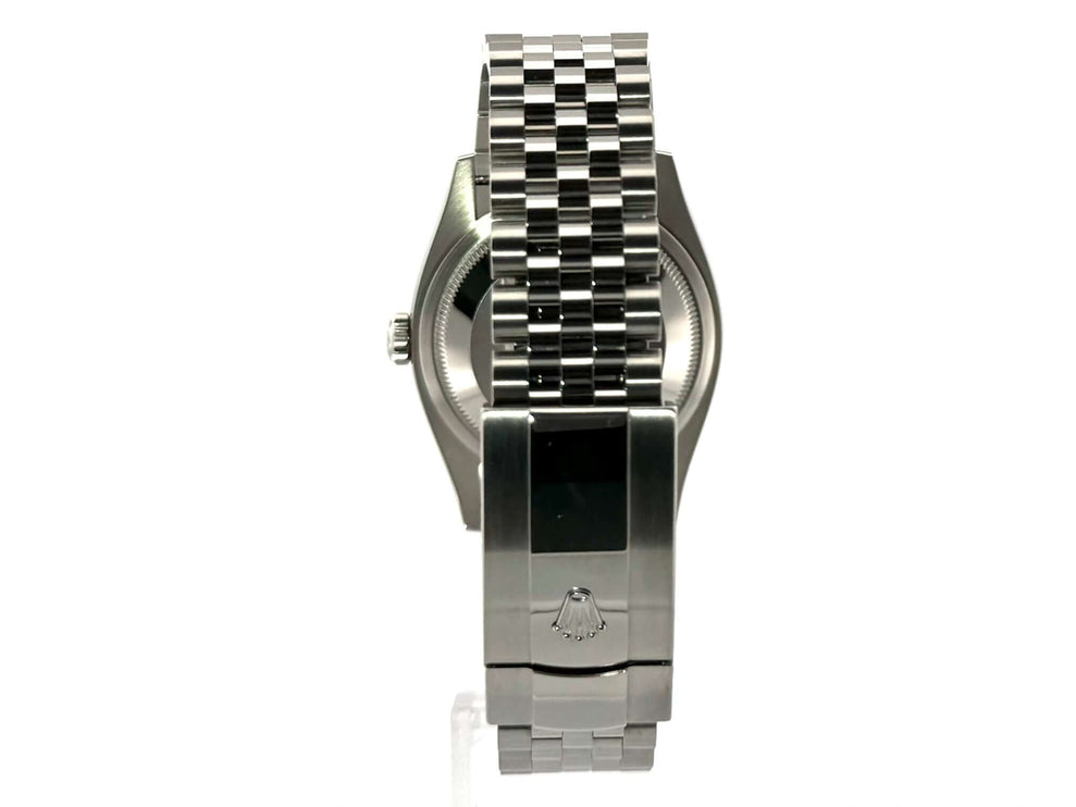 Rolex Datejust 36 Rückansicht mit Jubilé-Armband und geprägtem Rolex-Logo auf der Faltschließe.