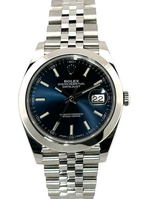 Rolex Datejust 41 Edelstahl 126300 Blau Jubile-Band, poliertes und satiniertes Edelstahlgehäuse mit blauem Zifferblatt und Leuchtindizes, 41 mm.