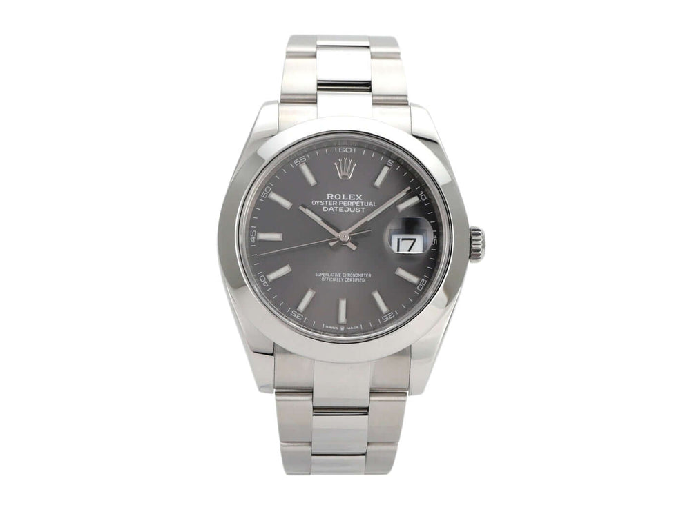 Rolex Datejust 41 Edelstahl 126300 mit rhodiumfarbenem Zifferblatt und Oyster-Armband.