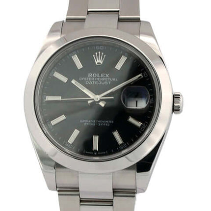 Rolex Datejust 41 Edelstahl 126300 Schwarz mit 41 mm Edelstahlgehäuse und schwarzem Zifferblatt, ausgestattet mit einem Oyster Edelstahlband.