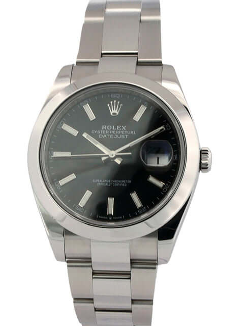 Rolex Datejust 41 Edelstahl 126300 Schwarz mit 41 mm Edelstahlgehäuse und schwarzem Zifferblatt, ausgestattet mit einem Oyster Edelstahlband.