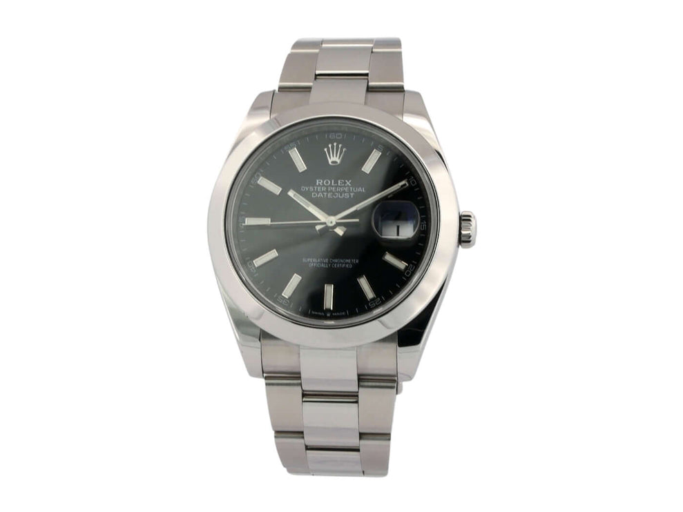 Rolex Datejust 41 Edelstahl 126300 Schwarz mit Oyster-Band aus poliertem und satiniertem Edelstahl, schwarzes Zifferblatt, 2019 Modell.