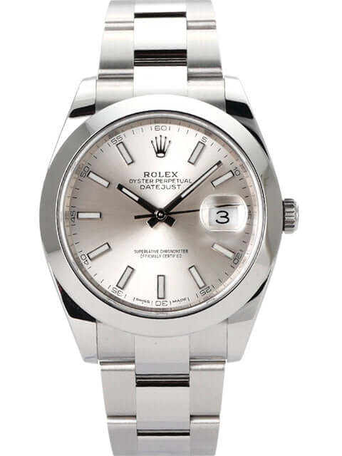 Rolex Datejust 41 Edelstahl 126300 mit silberfarbenem Zifferblatt, polierter Lünette und Oyster Edelstahlband.