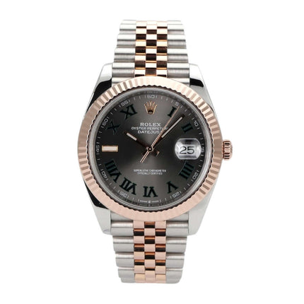 Rolex Datejust 41 Edelstahl Everose-Gold 126331 mit schiefergrauem Zifferblatt und Jubile-Armband aus 18 kt Gold.