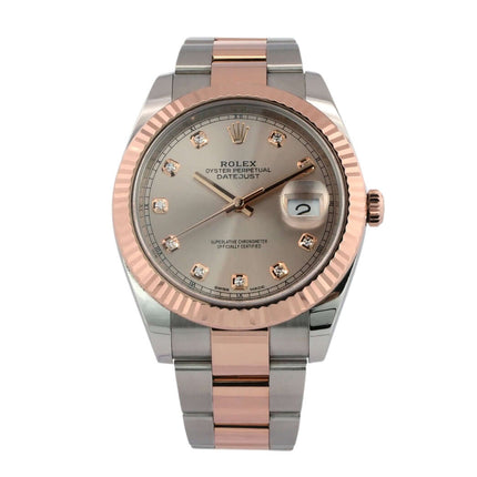 Rolex Datejust 41 Edelstahl Everose-Gold 126331 mit Sundust Diamantzifferblatt, geriffelter 18 kt Everose-Gold Lünette und Oyster Armband.