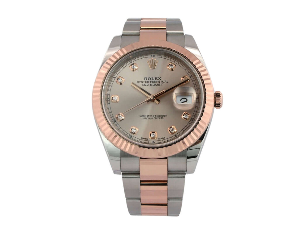 Rolex Datejust 41 Edelstahl Everose-Gold 126331 mit Sundust Diamantzifferblatt, geriffelter 18 kt Everose-Gold Lünette und Oyster Armband.