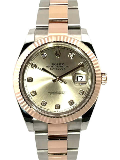 Rolex Datejust 41 Edelstahl Everose-Gold Ref. 126331 Sundust Diamantzifferblatt, 41 mm Gehäuse, Oyster Armband, Automatikwerk.