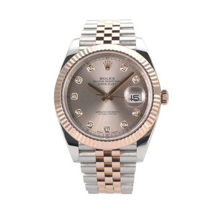 Rolex Datejust 41 126331 mit Sundust Zifferblatt und Diamantindizes, Edelstahl-Everose-Gold Gehäuse, Jubile-Armband.