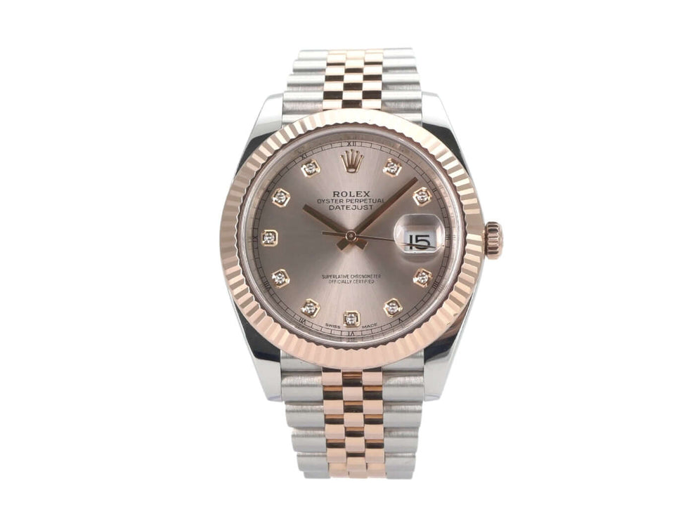 Rolex Datejust 41 126331 mit Sundust Zifferblatt und Diamantindizes, Edelstahl-Everose-Gold Gehäuse, Jubile-Armband.