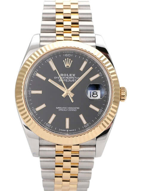 Rolex Datejust 41 Edelstahl Gelbgold 126333 mit schwarzem Zifferblatt und Jubile-Armband.