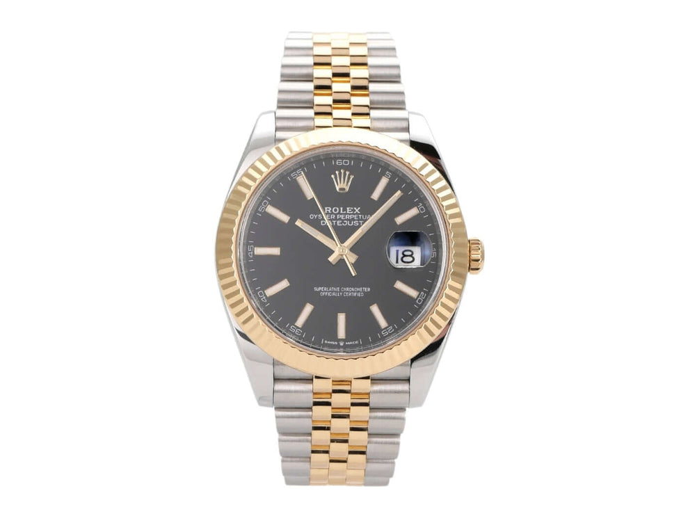 Rolex Datejust 41 Edelstahl Gelbgold 126333 mit schwarzem Zifferblatt und Jubile-Band, 18 kt Goldakzenten.