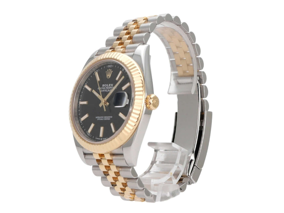 Rolex Datejust 41 Edelstahl Gelbgold 126333 mit schwarzem Zifferblatt und Jubile-Armband.