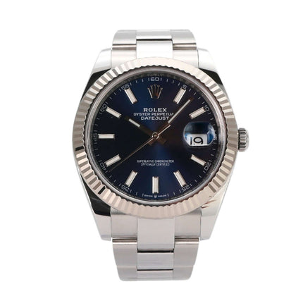 Rolex Datejust 41 126334, Edelstahl, Weißgold, blaues Zifferblatt, 2021, Oysterband, automatische Uhr, Chronometer.