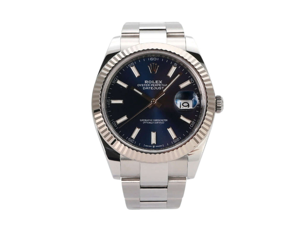 Rolex Datejust 41 126334, Edelstahl, Weißgold, blaues Zifferblatt, 2021, Oysterband, automatische Uhr, Chronometer.