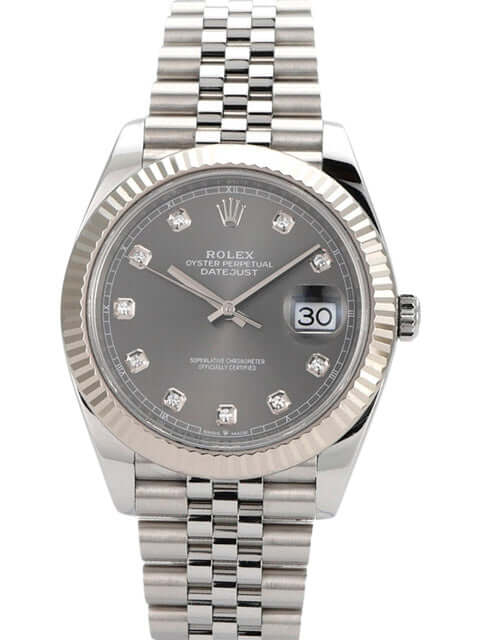 Rolex Datejust 41 Edelstahl Weißgold 126334 mit rhodiumfarbenem Diamantzifferblatt und Jubile-Band.