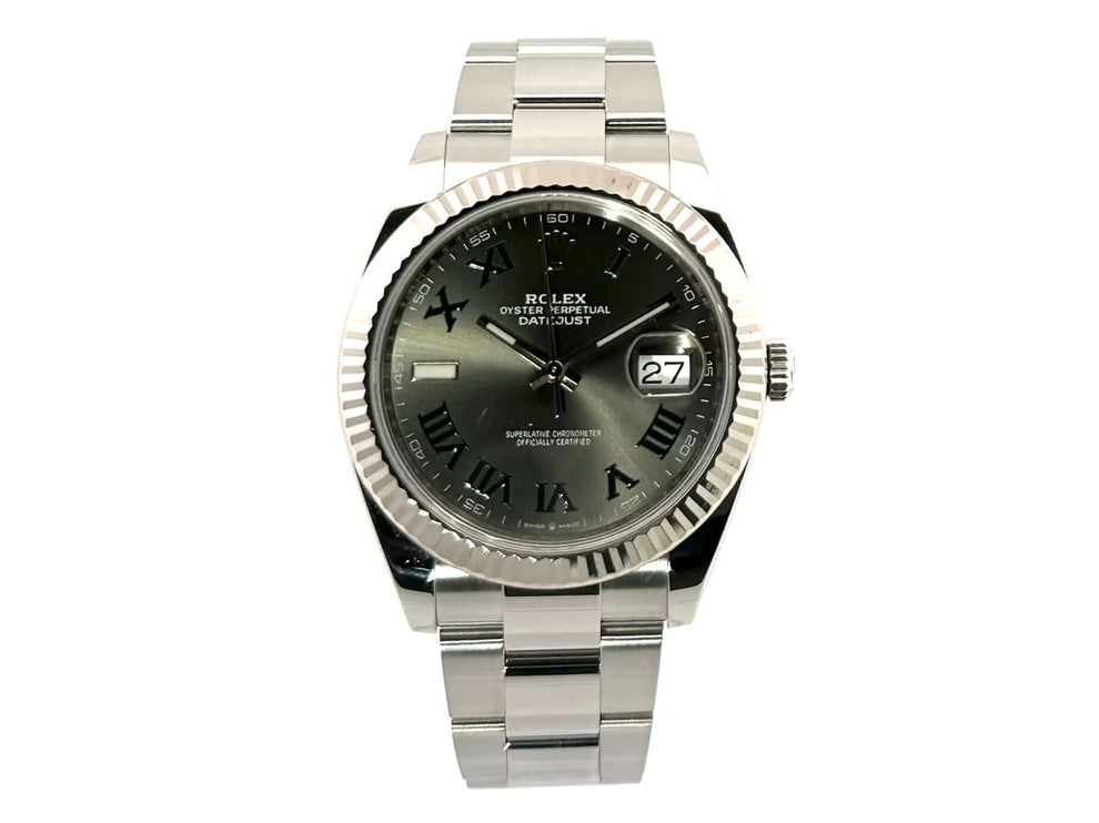 Rolex Datejust 41 Ref. 126334 Rhodium Römisch 2019 mit Edelstahlgehäuse, Weißgold Lünette und Rhodium Zifferblatt mit römischen Ziffern.