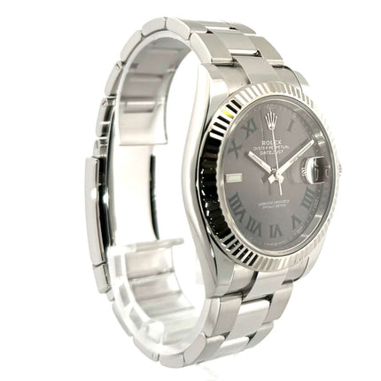 Rolex Datejust 41 Ref. 126334 Rhodium Römisch 2019, gebürstetes und poliertes Edelstahlgehäuse, Oyster-Armband, rhodiniertes Zifferblatt mit römischen Ziffern.