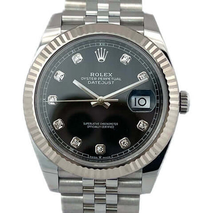 Rolex Datejust 41 Ref. 126334 Edelstahl Weißgold Uhr mit schwarzem Diamantzifferblatt und Jubile-Band, Modell aus 2020.