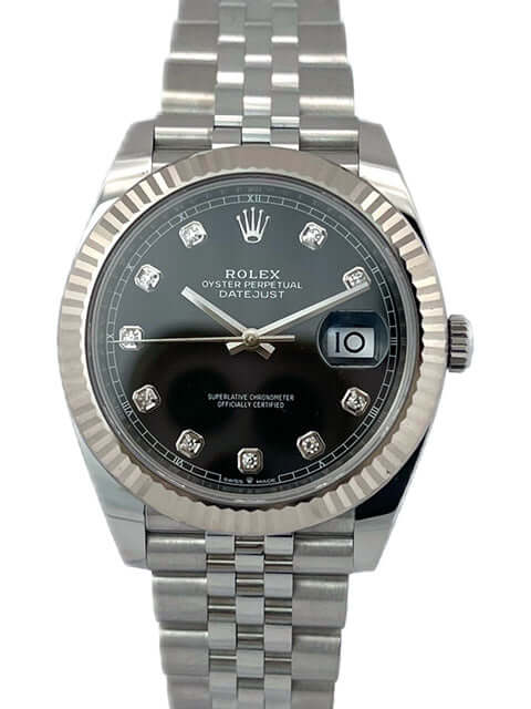 Rolex Datejust 41 Ref. 126334 Edelstahl Weißgold Uhr mit schwarzem Diamantzifferblatt und Jubile-Band, Modell aus 2020.