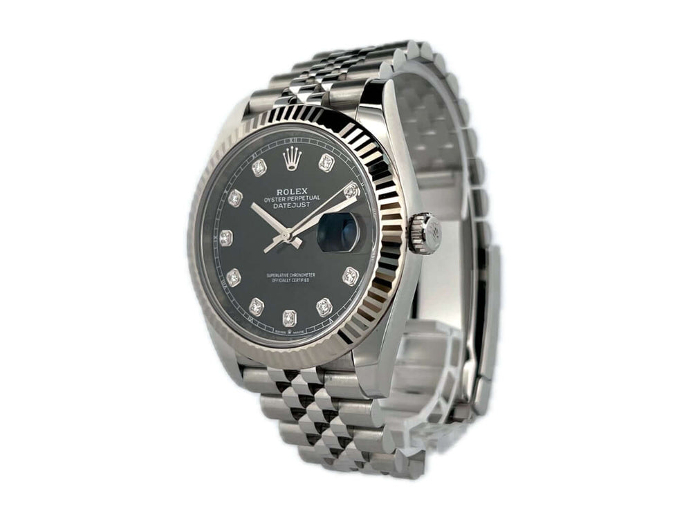 Rolex Datejust 41 Ref. 126334 in Edelstahl und Weißgold mit schwarzem Diamantzifferblatt und Jubile-Band, Jahr 2020, 41 mm Gehäuse