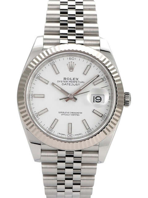 Rolex Datejust 41 aus Edelstahl und Weißgold mit weißem Zifferblatt und Jubile-Band, Automatikwerk, 2021.