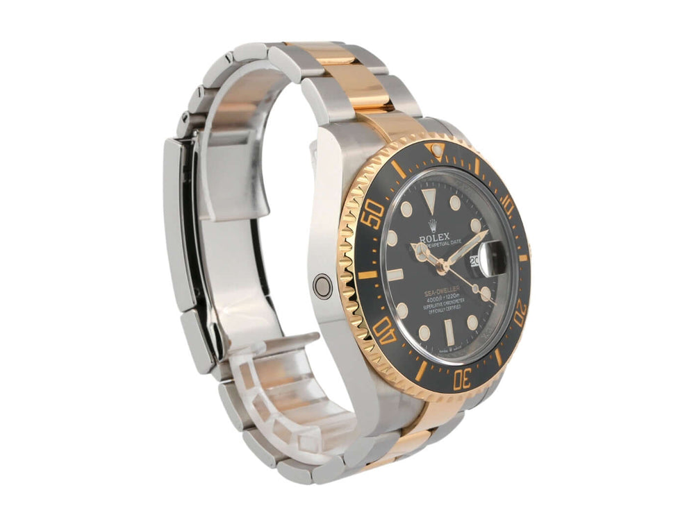 Rolex Sea-Dweller 4000 Ref. 126603, Edelstahl/Gelbgold Gehäuse und Armband, schwarze Keramik Lünette, schwarzes Zifferblatt, 2019 Modell.