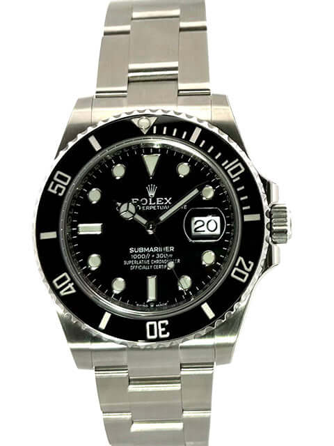 Rolex Submariner Date 126610LN, Edelstahlgehäuse, schwarzes Zifferblatt, Leuchtindizes, Keramiklünette, Oyster Edelstahlarmband, 41 mm Gehäusedurchmesser.