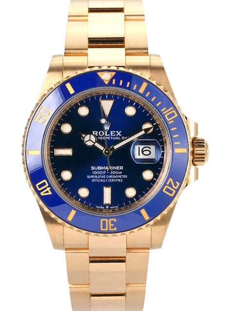 Luxusuhren Rolex Submariner Date 41 Gelbgold 126618LB mit blauem Zifferblatt und 18-Karat-Goldarmband.