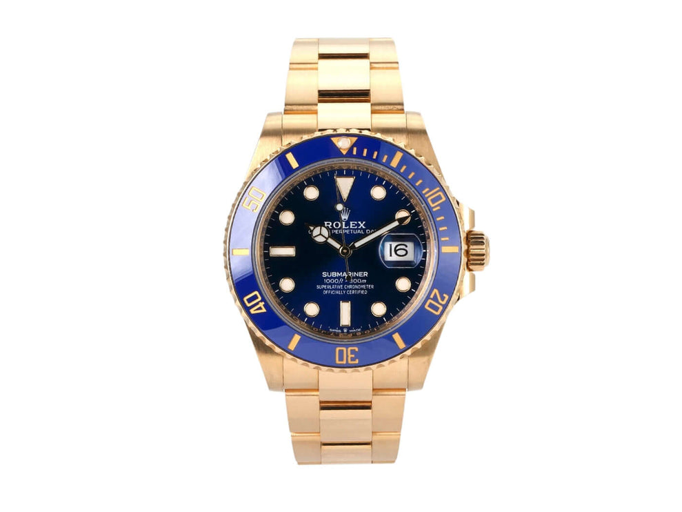 Rolex Submariner Date 41 Gelbgold Ref. 126618LB, blaues Zifferblatt, 18 Karat Gelbgold, Oyster Armband, Uhr aus 2021.