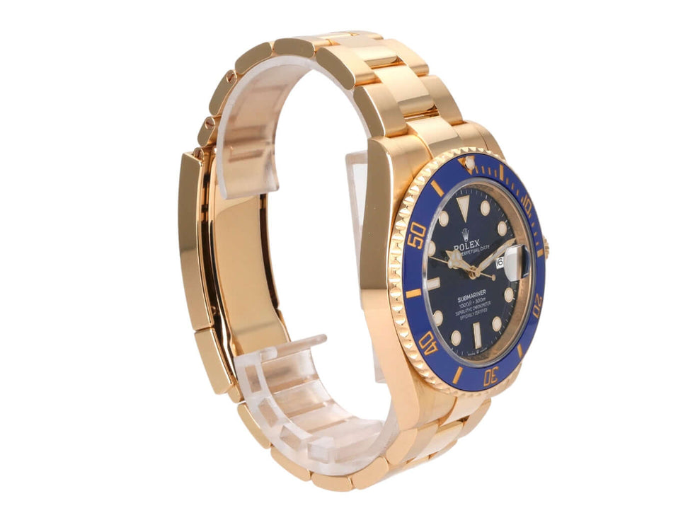 Rolex Submariner Date 41 Gelbgold 126618LB, 18K Gelbgoldgehäuse und blaues Zifferblatt, seitliche Ansicht