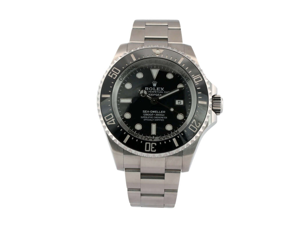 Rolex Sea-Dweller 126660 Deepsea Uhr Edelstahlgehäuse und -band mit schwarzem Zifferblatt und Leuchtindizes.