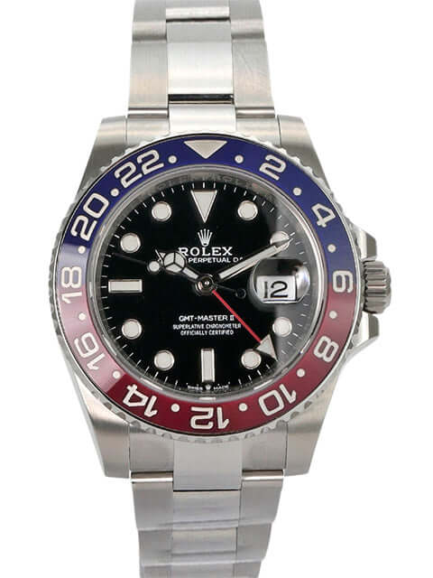 Rolex GMT Master II Edelstahl 126710BLRO mit blau-roter Keramik-Lünette, schwarzem Zifferblatt und Oyster-Band aus Edelstahl.