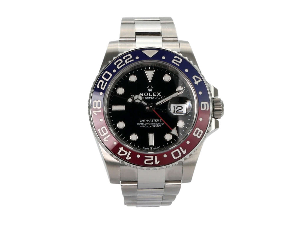 Rolex GMT Master II Edelstahl 126710BLRO mit rot-blauer Keramiklünette und schwarzem Zifferblatt, Oyster-Armband, Modell 2021.