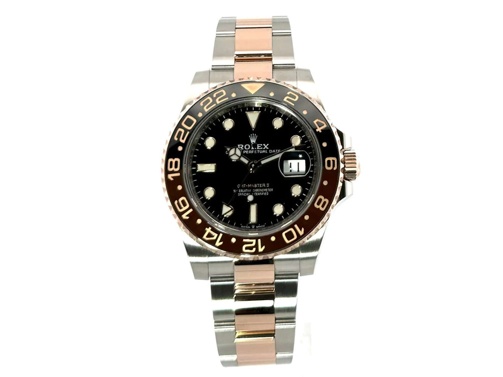 Rolex GMT-Master II 126711CHNR aus Edelstahl und 18 kt Everose-Gold, schwarzes Zifferblatt, Oyster-Armband, Lünette mit Keramik Einlage.