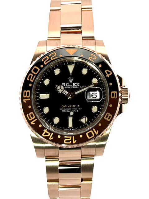 Rolex GMT-Master II Everose-Gold 126715CHNR Uhr mit schwarzem Zifferblatt, 18 kt Everose-Gold Gehäuse und Armband, beidseitig drehbarer Lünette.