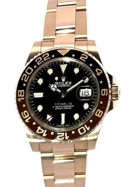 Rolex GMT-Master II Everose-Gold 126715CHNR von 2023, 18 kt Everose-Goldgehäuse, schwarzes Zifferblatt, Oyster-Armband.