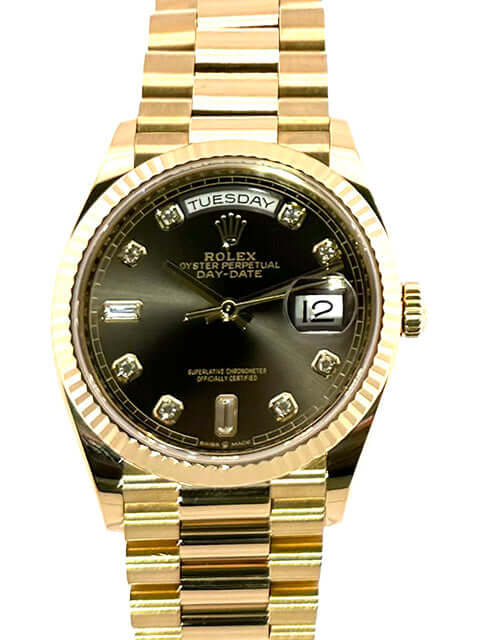 Rolex Day-Date 36 Gelbgold 128238 Dunkelgrau Diamant 18 kt Gelbgoldgehäuse und Armband, dunkler Zifferblatt mit Diamanten, Automatikwerk.