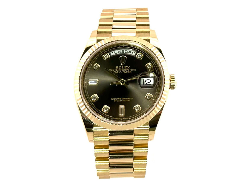 Rolex Day-Date 36 Gelbgold 128238, dunkelgraues Zifferblatt mit Diamanten, Präsident Armband aus 18 kt Gelbgold, luxuriöse Herrenuhr