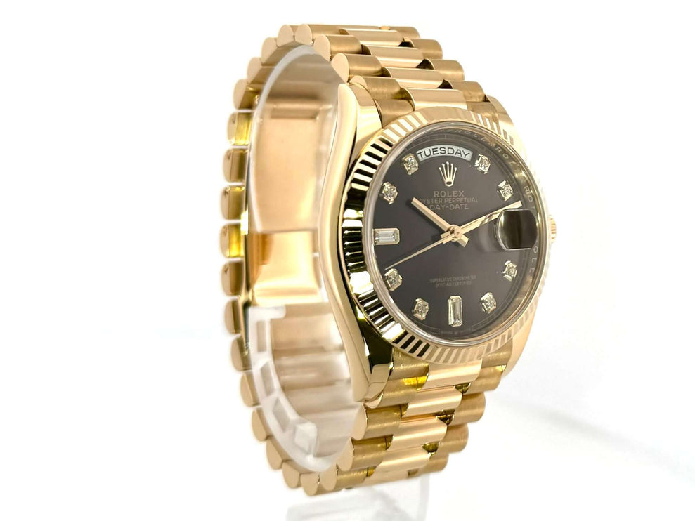 Rolex Day-Date 36 Gelbgold 128238 mit dunkelgrauem Zifferblatt und Diamanten, 18 kt Gelbgoldgehäuse und Präsident Armband, Automatikwerk