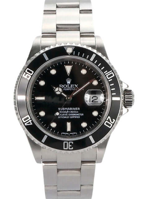 Luxuriöse Rolex Submariner Date 16610 Edelstahl Herrenarmbanduhr mit schwarzem Zifferblatt und drehbarer Lünette, 40 mm Gehäuse.